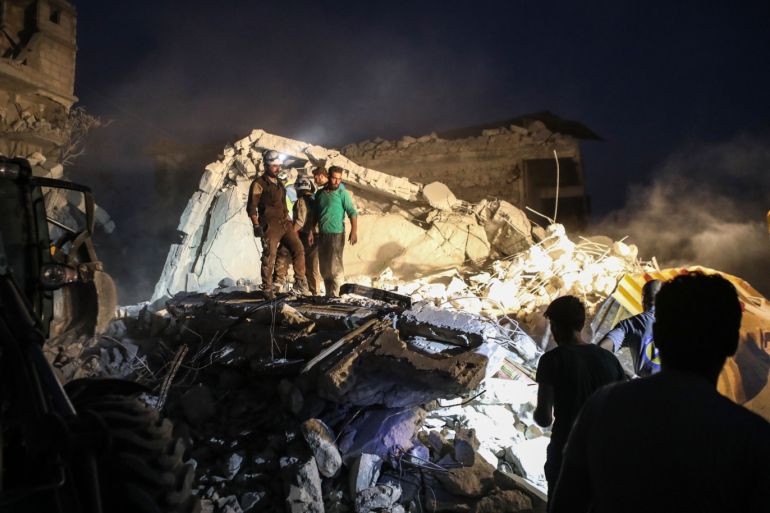 Syrian regime attacks in Idlib- - IDLIB, SYRIA - AUGUST 28: Search and rescue operations after Assad Regime forces carried out airstrikes over Maarrat al-Nu'man district of Idlib, Syria on August 28, 2019. The regime’s airstrikes in Idlib’s Maarat Al-Numan killed 10 civilians in all and at least 23 others were injured.