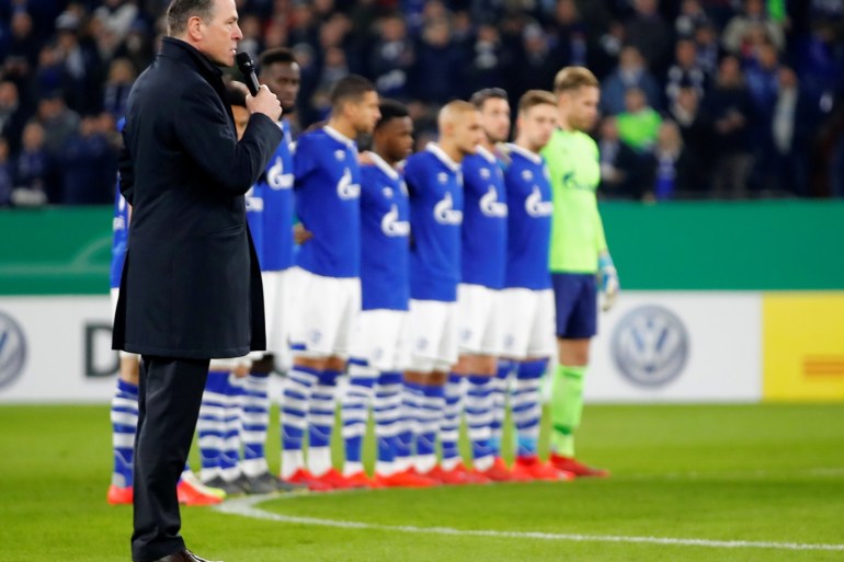 Soccer Football - DFB Cup - Third Round - Schalke 04 v Fortuna Dusseldorf - Veltins-Arena, Gelsenkirchen, Germany - February 6, 2019 Schalke president Clemens Tonnies during a minute silence for their former managing director Rudi Assauer before the match REUTERS/Wolfgang Rattay DFB regulations prohibit any use of photographs as image sequences and/or quasi-video