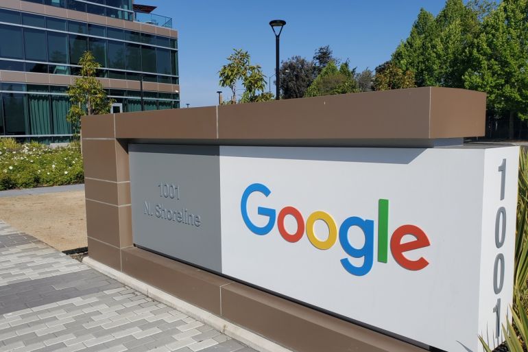 A sign is pictured outs a Google offcie near the company's headquarters in Mountain View, California, U.S., May 8, 2019. Photo taken May 8, 2019. REUTERS/Dave Paresh