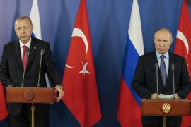 Erdogan - Putin joint press conference in Zhukovsky- - ZHUKOVSKY, RUSSIA - AUGUST 27: President of Turkey, Recep Tayyip Erdogan (L) and President of Russia, Vladimir Putin (R) hold a joint press conference in Zhukovsky, Russia on August 27, 2019.