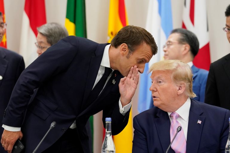 France's President Emmanuel Macron speaks with U.S. President Donald Trump during a meeting at the G20 leaders summit in Osaka, Japan, June 28, 2019. REUTERS/Kevin Lamarque