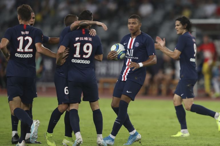 SHENZHEN, CHINA - AUGUST 03: #7 Kylian Mbappe of Paris Saint-Germain celebrates after scoring his team's goal during to the 2019 Trophee des Champions between Paris saint-Germain and Stade Rennais FC at Shenzhen Uniersiade Sports Center on August 3, 2019 in Shenzhen, China. (Photo by Lintao Zhang/Getty Images)