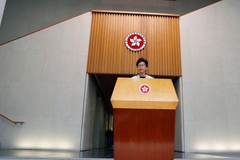 Hong Kong's Chief Executive Carrie Lam holds a news conference in Hong Kong, China, August 27, 2019. REUTERS/Kai Pfaffenbach
