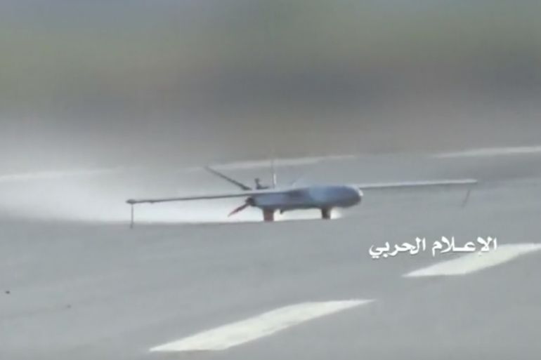 A 'Sammad 3' drone aircraft takes off from an unidentified location in Yemen in this still image taken from a video released by the Houthi-run Al-Masirah TV on July 9, 2019. AL-MASIRAH TV via REUTERS TV ATTENTION EDITORS - THIS IMAGE HAS BEEN SUPPLIED BY A THIRD PARTY. YEMEN OUT. NO COMMERCIAL OR EDITORIAL SALES IN YEMEN.