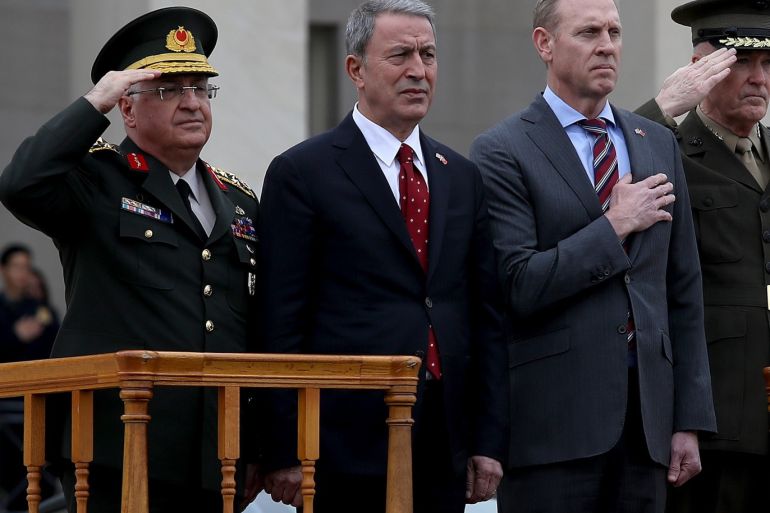 ARLINGTON, VIRGINIA - FEBRUARY 22: U.S. Acting Secretary of Defense Patrick Shanahan (2nd R) welcomes Turkish Minister of Defense Hulusi Akar (2nd L) to the Pentagon during an arrival ceremony February 22, 2019 in Arlington, Virginia. Shanahan and Akar were scheduled to meet to discuss a range of bilateral issues. Also pictured are Turkish Chief of Staff General Yasar Güler (L) and U.S. Chairman of the Joint Chiefs of Staff Gen. Joseph Dunford (R). Win McNamee/Getty I