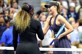 NEW YORK, NEW YORK - AUGUST 26: Serena Williams of the United States shakes hands with Maria Sharapova of Russia after defeating her in her Women's Singles first round match during day one of the 2019 US Open at the USTA Billie Jean King National Tennis Center on August 26, 2019 in the Flushing neighborhood of the Queens borough of New York City. Emilee Chinn/Getty Images/AFP== FOR NEWSPAPERS, INTERNET, TELCOS & TELEVISION USE ONLY ==