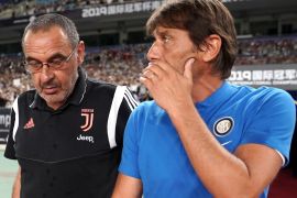 NANJING, CHINA - JULY 24: Head coach Maurizio Sarri of Juventus and Head coach Antonio Conte of FC Internazionale talk prior to the International Champions Cup match between Juventus and FC Internazionale at the Nanjing Olympic Center Stadium on July 24, 2019 in Nanjing, China. (Photo by Fred Lee/Getty Images)