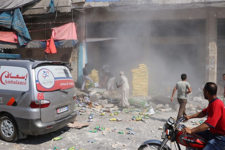 Airstrike kills 5, injures 10 in Idlib, Syria- - IDLIB, SYRIA - AUGUST 21: An ambulance arrives at the scene after airstrikes of Russia and Assad Regime hit Saraqib district in the de-escalation zone of Idlib, Syria on August 21, 2019. An airstrike killed 5 civilians and injured 10 others.