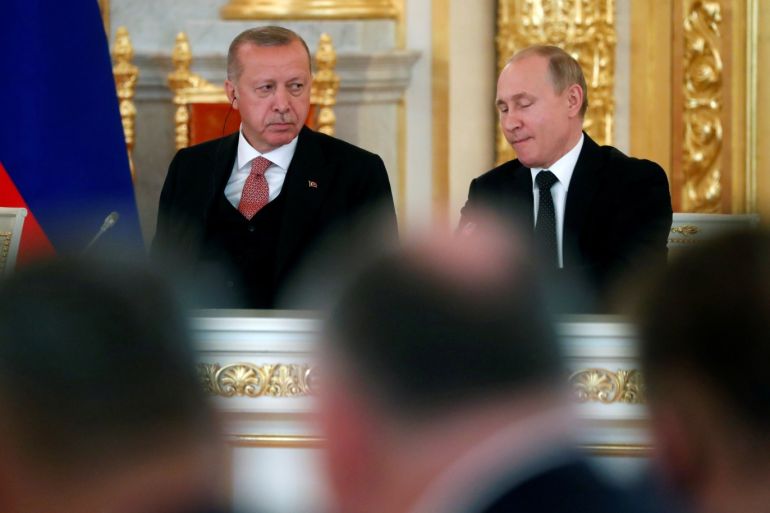 Russian President Vladimir Putin and Turkish President Tayyip Erdogan attend a meeting in the Kremlin in Moscow, Russia April 8, 2019. Maxim Shipenkov/Pool via REUTERS