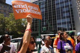 NEW YORK, NEW YORK - AUGUST 12: People participate in a demonstration and news conference against illegal guns in front of the Jacob Javits Federal Building on August 12, 2019 in New York City. The event, a