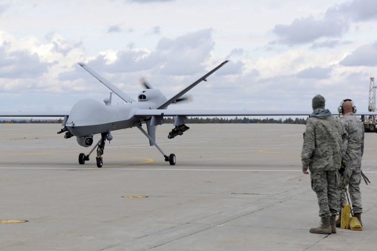 A U.S. Air Force MQ-9 Reaper unmanned aerial vehicle assigned to the 174th Fighter Wing prepares to take off from Wheeler-Sack Army Airfield at Fort Drum, N.Y. in this October 18, 2011 USAF handout photo obtained by Reuters February 6, 2013. REUTERS/U.S. Air Force/Staff Sgt. Ricky Best/Handout (UNITED STATES - Tags: MILITARY POLITICS) THIS IMAGE HAS BEEN SUPPLIED BY A THIRD PARTY. IT IS DISTRIBUTED, EXACTLY AS RECEIVED BY REUTERS, AS A SERVICE TO CLIENTS. FOR EDITORIAL USE ONLY. NOT FOR SALE FOR MARKETING OR ADVERTISING CAMPAIGNS