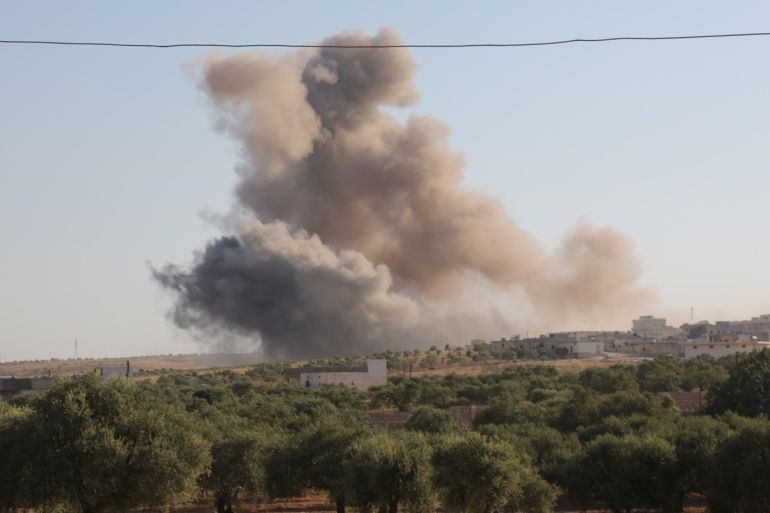 Airstrikes continue to hit Syria's Idlib- - IDLIB, SYRIA - AUGUST 27: Smoke rises after Assad Regime forces carried out airstrikes over Ma'ar Shoreen village of Idlib, Syria on August 27, 2019. At least 6 civilians were killed on the attacks.
