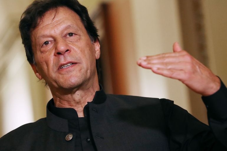 WASHINGTON, DC - JULY 23: Pakistan Prime Minister Imran Khan makes a brief statement to reporters before a meeting with U.S. House Speaker Nancy Pelosi (D-CA) at the U.S. Capitol July 23, 2019 in Washington, DC. In remarks before the meeting, Khan said that U.S.-Pakistan relations need to be reset. Chip Somodevilla/Getty Images/AFP== FOR NEWSPAPERS, INTERNET, TELCOS & TELEVISION USE ONLY ==