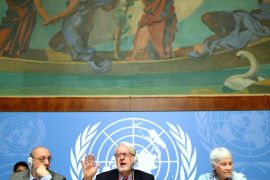 Hanny Megally, Member of the Independent Commission of Inquiry on the Syrian Arab Republic, Paulo Pinheiro, Chairperson of the commision and Karen Abuzayd, member of the commision attend a news conference during the Human Rights Council at the United Nations in Geneva, Switzerland, September 11, 2019. REUTERS/Denis Balibouse