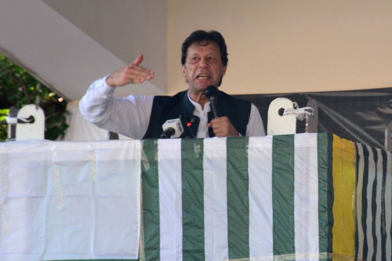 Pakistani Prime Minister Imran Khan- - MUZAFFARABD, PAKISTAN, SEPTEMBER 13: Pakistani Prime Minister Imran Khan addresses a massive public gathering in Muzaffarabad, the capital of Pakistan-administered Kashmir, on September 13, 2019, to highlight the Kashmir issue to the world community.