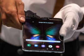 epa07819243 The Galaxy Fold and Fold 5G are presented during a presentation of the new releases of Samsung at the International Funkaustellung Berlin (IFA), an international consumer electronics fair, in Berlin, Germany, 05 September 2019. The new...