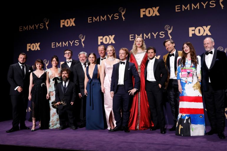71st Primetime Emmy Awards - Photo Room – Los Angeles, California, U.S., September 22, 2019 - The cast of Game of Thrones pose backstage with their award for Outstanding Drama Series. REUTERS/Monica Almeida