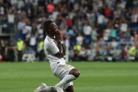 MADRID, SPAIN - SEPTEMBER 25: Vinicius Junior of Real Madrid CF celebrates scoring their opening goal during the Liga match between Real Madrid CF and CA Osasuna at Estadio Santiago Bernabeu on September 25, 2019 in Madrid, Spain. (Photo by Gonzalo Arroyo Moreno/Getty Images)