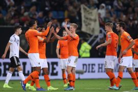 HAMBURG, GERMANY - SEPTEMBER 06: Netherlands player celebrate on the final whistle during the UEFA Euro 2020 qualifier match between Germany and Netherlands at Volksparkstadion on September 06, 2019 in Hamburg, Germany. (Photo by Alex Grimm/Bongarts/Getty Images)