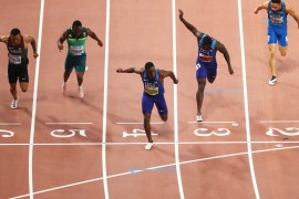 DOHA, QATAR - SEPTEMBER 28: Christian Coleman of the United States, gold, Justin Gatlin of the United States, silver and Andre De Grasse of Canada, bronze, cross the finish line in the Men's 100 Metres final compete in the Men's 100 Metres final during day two of 17th IAAF World Athletics Championships Doha 2019 at Khalifa International Stadium on September 28, 2019 in Doha, Qatar. (Photo by Richard Heathcote/Getty Images)