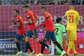 Soccer Football - Euro 2020 Qualifier - Group F - Romania v Spain - Arena Nationala, Bucharest, Romania - September 5, 2019 Spain's Paco Alcacer celebrates scoring their second goal REUTERS/Stoyan Nenov