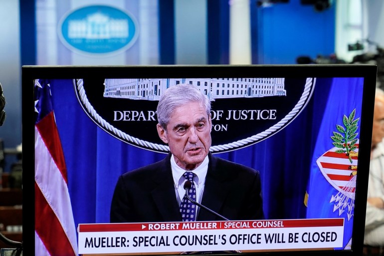 Special Council Robert Mueller is shown speaking on a monitor about his report into Russia’s role in the 2016 U.S. election and any potential wrong doing by President Donald Trump in the Briefing Room of the White House in Washington, U.S., May 29, 2019. REUTERS/Joshua Roberts