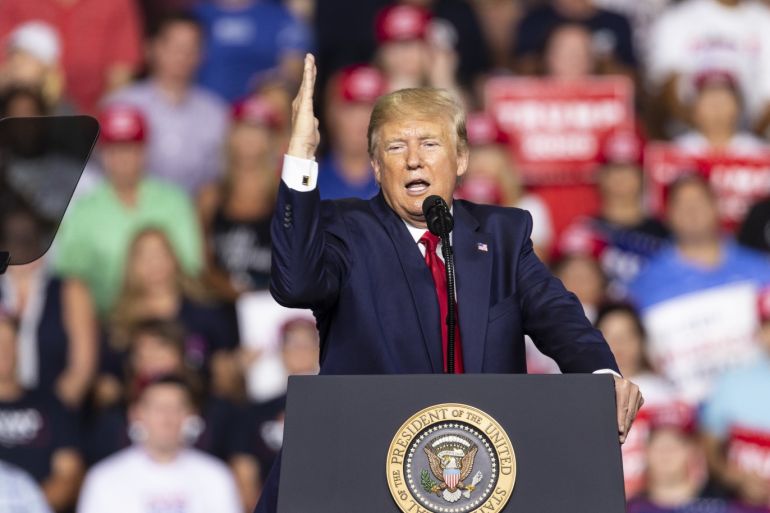 U.S. President Donald Trump's MAGA rally at SNHU- - NEW HAMPSHIRE, USA - AUGUST 15: U.S. President Donald Trump speaks during campaign MAGA (Make America Great Again) rally at Southern New Hampshire University Arena, in Manchester, New Hampshire, United States on August 15, 2019.