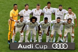 MUNICH, GERMANY - JULY 30: The players of Real Madrid: Lucas Vazquez (front row, L-R), Marcelo, Rodrygo Silvadegoes, Daniel Carvajal, Luka Modric, Keylor Navas (second row, L-R) , Sergio Ramos, Toni Kroos, Raphael Varane, Karim Benzema and Eden Hazard line up prior the Audi cup 2019 semi final match between Real Madrid and Tottenham Hotspur at Allianz Arena on July 30, 2019 in Munich, Germany. (Photo by Alexander Scheuber/Getty Images for AUDI)