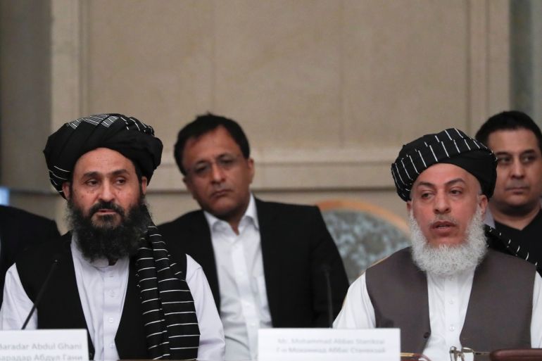 Head of Political Office of Taliban Mohammad Abbas Stanikzai (R) and chief negotiator Mullah Abdul Ghani Baradar attend peace talks with Afghan senior politicians in Moscow, Russia May 30, 2019. REUTERS/Evgenia Novozhenina