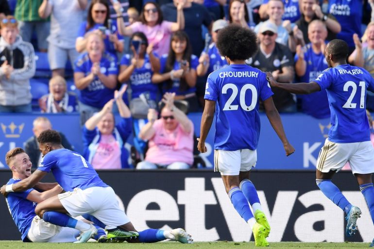 LEICESTER, ENGLAND - SEPTEMBER 21: James Maddison of Leicester City (L) celebrates as he scores his team's second goal with Demarai Gray during the Premier League match between Leicester City and Tottenham Hotspur at The King Power Stadium on September 21, 2019 in Leicester, United Kingdom. (Photo by Laurence Griffiths/Getty Images)