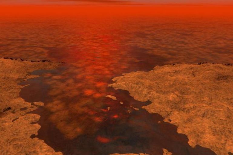 Said سعيد - وكالة ناسا/ صورة تخيلية لسطح قمر تيتان تظهر وجود بحيرات سائلة/استخدام حر مع ذكر المصدر - الكشف عن سر بحيرات الميثان على قمر تيتان