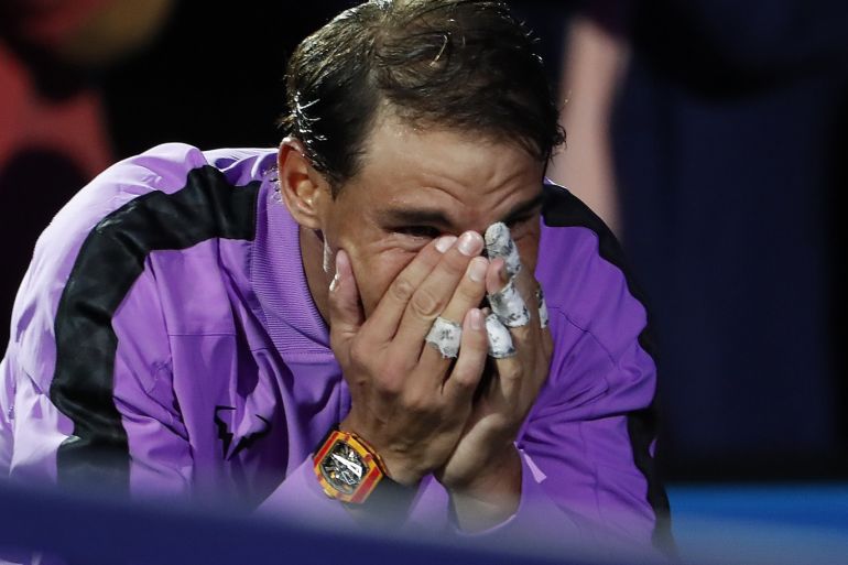 Sep 8, 2019; Flushing, NY, USA; Rafael Nadal of Spain reacts to a video tribute prior to the trophy ceremony after his match against Daniil Medvedev of Russia (not pictured) in the menÕs singles final on day fourteen of the 2019 US Open tennis tournament at USTA Billie Jean King National Tennis Center. Mandatory Credit: Geoff Burke-USA TODAY Sports
