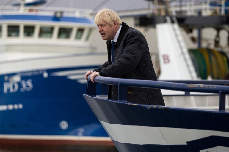 Britain's Prime Minister Boris Johnson is seen aboard the Opportunus IV fishing trawler in Peterhead, Scotland, Britain September 6, 2019. Duncan McGlynn/Pool via REUTERS REFILE - CORRECTING LOCATION