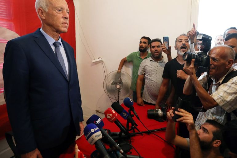 Presidential candidate Kais Saied speaks as he attends a news conference after the announcement of the results in the first round of Tunisia's presidential election in Tunis, Tunisia September 17, 2019. REUTERS/Muhammad Hamed