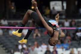 Jul 21, 2019; London, United Kingdom; Mutaz Essa Barshim (QAT) places second in the high jump at 7-5 1/4 (2.27m) during the London Anniversary Games at London Stadium at Queen Elizabeth Olympic Park. Mandatory Credit: Kirby Lee-USA TODAY Sports