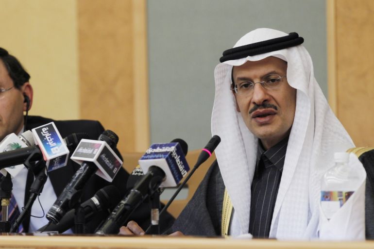 Saudi Deputy Oil Minister Prince Abdulaziz bin Salman Al-Saud speaks during a news conference in Riyadh February 21, 2011. On the left is IEF Secretary General Noe van Hulst. World markets have plenty of oil, top exporter Saudi Arabia said on Monday, as a wave of revolution that has already toppled two presidents tightened its grip on OPEC member Libya and drove prices to a 2-1/2 year-high. REUTERS/Fahad Shadeed (SAUDI ARABIA - Tags: BUSINESS POLITICS)