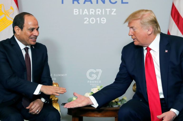 U.S. President Donald Trump meets Egypt's President Abdel-Fattah el-Sisi for bilateral talks during the G7 summit in Biarritz, France, August 26, 2019. REUTERS/Carlos Barria