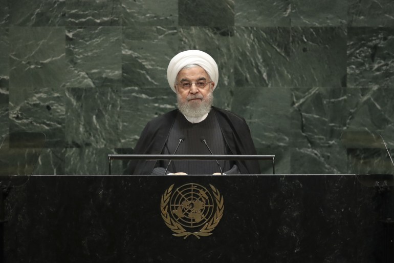 NEW YORK, NY - SEPTEMBER 25: President of Iran Hassan Rouhani addresses the United Nations General Assembly at UN headquarters on September 25, 2019 in New York City. World leaders from across the globe are gathered at the 74th session of the UN General Assembly, amid crises ranging from climate change to possible conflict between Iran and the United States. Drew Angerer/Getty Images/AFP== FOR NEWSPAPERS, INTERNET, TELCOS & TELEVISION USE ONLY ==
