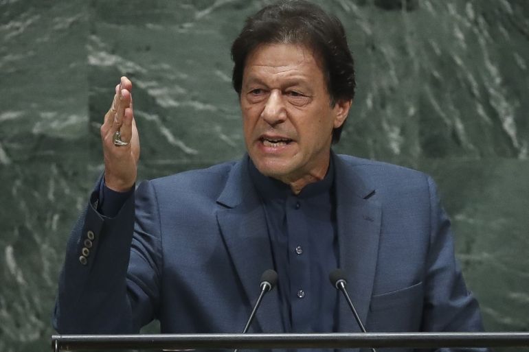 NEW YORK, NY - SEPTEMBER 27: Prime Minister of Pakistan Imran Khan addresses the United Nations General Assembly at UN headquarters on September 27, 2019 in New York City. World leaders from across the globe are gathered at the 74th session of the UN General Assembly, amid crises ranging from climate change to possible conflict between Iran and the United States. Drew Angerer/Getty Images/AFP== FOR NEWSPAPERS, INTERNET, TELCOS & TELEVISION USE ONLY ==