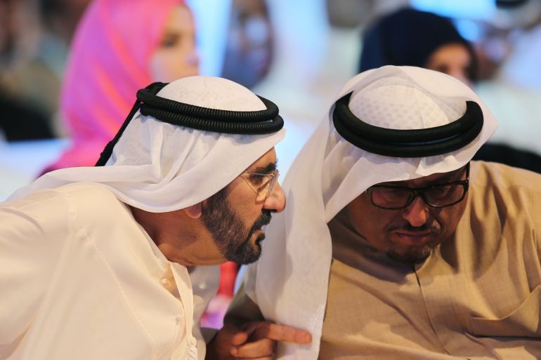 epa03994998 UAE Vice President, Prime Minister and Ruler of Dubai, Sheikh Mohammed bin Rashid Al Maktoum (L) talks to the Deputy-Director of Police and National Security in Dubai, Lieutenant General Dhahi Khalfan Tamim (R) during the opening of the First Emirates Media Forum, in Dubai, United Arab Emirates, 18 December 2013. The forum, according to organizers, would focus on examining the media landscape in the UAE, discussing the impact of regional and global context o