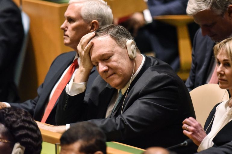NEW YORK, NY - SEPTEMBER 24: U.S. Secretary of State Mike Pompeo (C) sits with Vice President Mike Pence and U.S. Ambassador to the U.N. Kelly Craft attend the United Nations (U.N.) General Assembly on September 24, 2019 in New York City. World leaders are gathered for the 74th session of the UN amid a warning by Secretary-General Antonio Guterres in his address yesterday of the looming risk of a world splitting between the two largest economies - the U.S. and China. Stephanie Keith/Getty Images/AFP== FOR NEWSPAPERS, INTERNET, TELCOS & TELEVISION USE ONLY ==