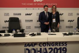 DOHA, QATAR - SEPTEMBER 25: IAAF President Sebastian Coe and IAAF Vice President Ximena Restrepo pose together after talking to the media during a IAAF press conference prior to the 17th IAAF World Athletics Championships Doha 2019 on September 25, 2019 in Doha, Qatar. (Photo by Andy Lyons/Getty Images for IAAF)