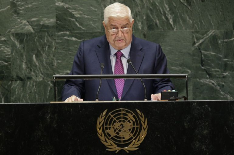 NEW YORK, NEW YORK - SEPTEMBER 28: Syria's Foreign Minister Walid Muallem speaks at the 74th United Nations (U.N.) General Assembly on September 28, 2019 in New York City. The United Nations General Assembly, or UNGA, is expected to attract 84 heads of state and 44 heads of government in New York City for a week of speeches, talks and high level diplomacy concerning global issues. New York City is under tight security for the annual event with dozens of road closures and thousands of security officers patrolling city streets and waterways. Kena Betancur/Getty Images/AFP== FOR NEWSPAPERS, INTERNET, TELCOS & TELEVISION USE ONLY ==