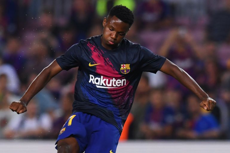 BARCELONA, SPAIN - SEPTEMBER 14: Ansu Fati of FC Barcelona warms up prior to the Liga match between FC Barcelona and Valencia CF at Camp Nou on September 14, 2019 in Barcelona, Spain. (Photo by Alex Caparros/Getty Images)