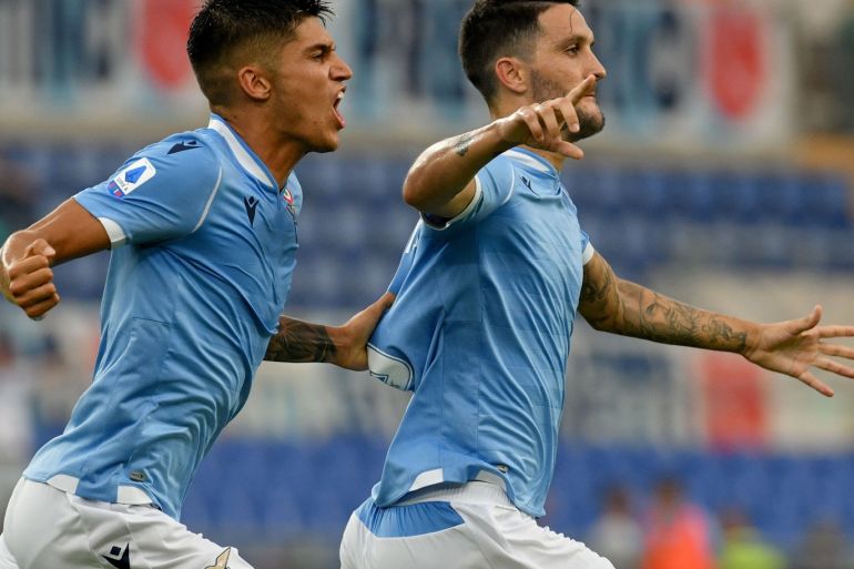 ROME, ITALY - SEPTEMBER 01: Luis Alberto of SS Lazio celebrate a first goal with his team mates during the Serie A match between SS Lazio and AS Roma at Stadio Olimpico on September 1, 2019 in Rome, Italy. (Photo by Marco Rosi/Getty Images)