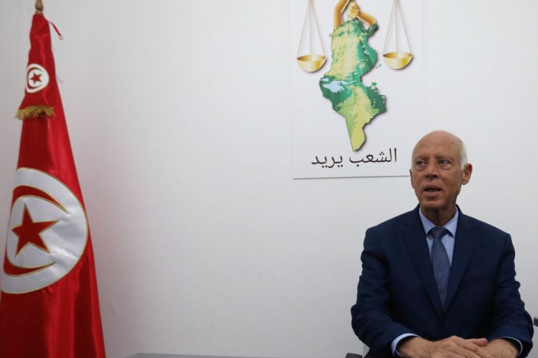 Presidential candidate Kais Saied speaks to the media at his campaign headquarters, as the country awaits the official results of the presidential election, in Tunis, Tunisia September 17, 2019. REUTERS/Muhammad Hamed
