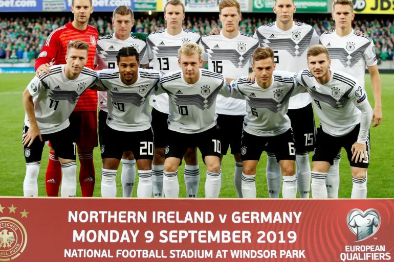 Soccer Football - Euro 2020 Qualifier - Group C - Northern Ireland v Germany - Windsor Park, Belfast, Britain - September 9, 2019 Germany players pose for a team group photo before the match Action Images via Reuters/John Sibley