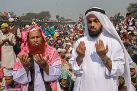 TONGI, GAZIPUR, BANGLADESH, TONGI, GAZIPUR, DHAKA, BANGLADESH - 2017/01/15: Devotees take part in the Akheri Munajat or final prayer at Tongi railway station during the Bishwa Ijtema. Thousands of devotees do not get accommodation at the main venue of Ijtema, but they gather in nearby areas outside the main set up. The Bishwa Ijtema or World Congregation is an annual Tablighi Jamaat Islamic congregation held in Tongi by the Turag River. The event has transformed into an important and annual religious festival. Bangladesh is a moderate Muslim (over 86 percent population are Muslims) country in South Asia. In terms of number of devotees this religious festival is second biggest get-together of people with Islamic faith. (Photo by Probal Rashid/LightRocket via Getty Images)