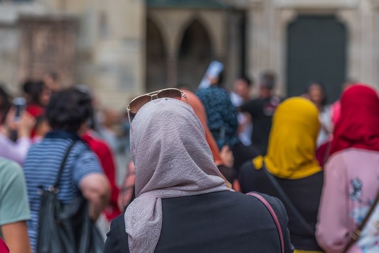 Muslims at a demonstration in the city center, Vienna, Austria. With selective focus