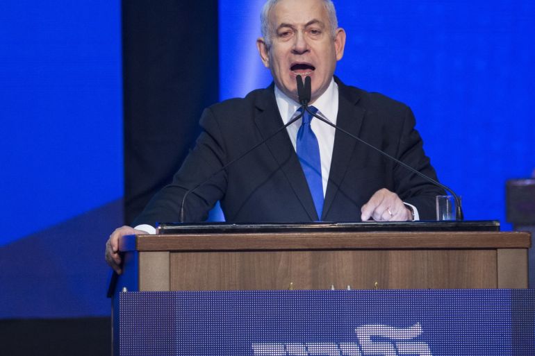 TEL AVIV, ISRAEL - SEPTEMBER 18: Israeli Prime Minister Benjamin Netanyahu speaks at the Likud Party after vote event on September 18, 2019 in Tel Aviv, Israel. All TV exit polls see no clear winner in Isreal's elections. (Photo by Amir Levy/Getty Images)